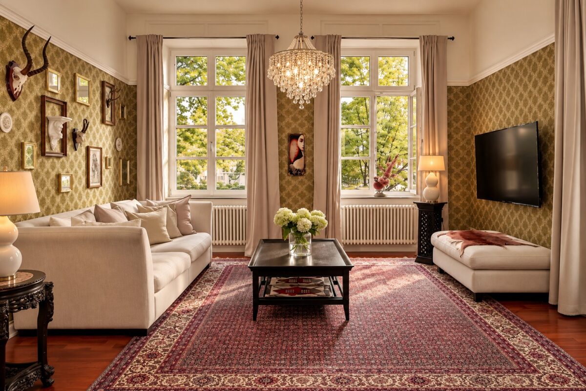 Elegant private living area of the Grand Two-Bedroom Residence Heidelberg with crystal chandelier and large windows