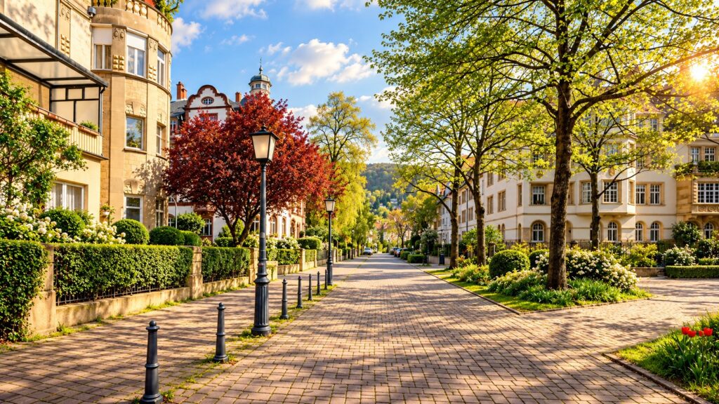 Quiet residential street in Heidelberg Weststadt near Boutique Suites & Residences Heidelberg
