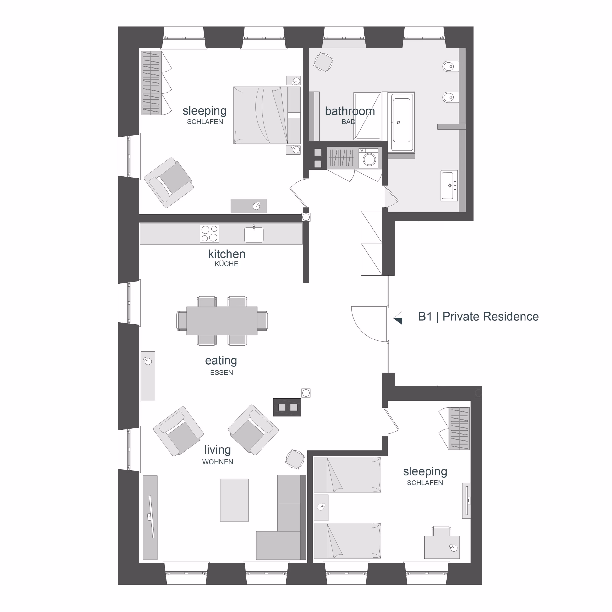 Floor plan of the Private Residence with two bedrooms, kitchen, dining, and living area.