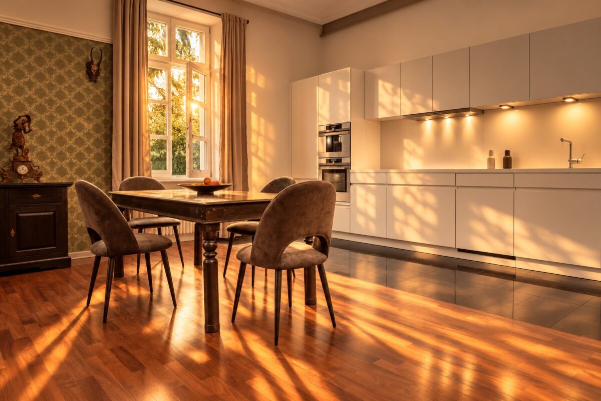 Private kitchen and dining area of the Grand Two-Bedroom Residence Heidelberg in warm summer evening light
