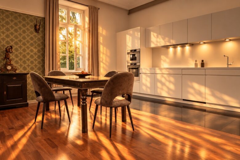 Private kitchen and dining area of the Grand Two-Bedroom Residence Heidelberg in warm summer evening light