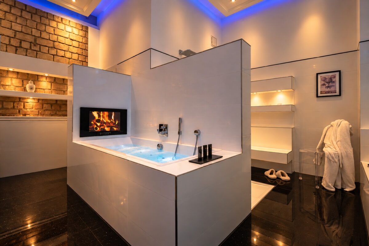 Private spa bathroom with whirlpool bath in the Grand Two-Bedroom Residence Heidelberg