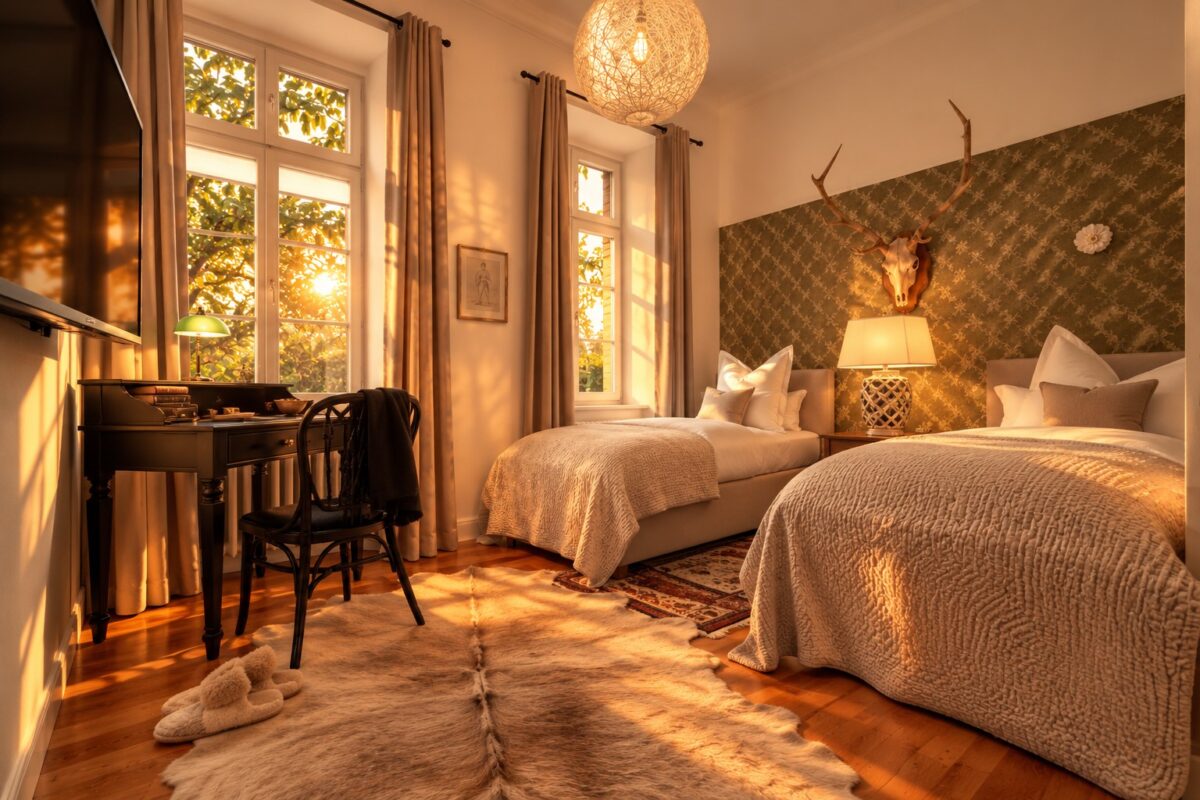 Private twin bedroom of the Grand Two-Bedroom Residence Heidelberg in warm summer evening light