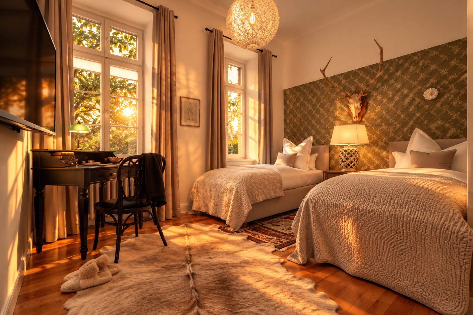 Private twin bedroom of the Grand Two-Bedroom Residence Heidelberg in warm summer evening light