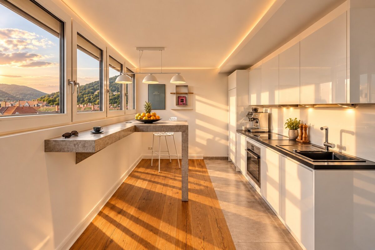 Private kitchen in the Royal Three-Bedroom Penthouse Residence Heidelberg with panoramic views and warm late-summer afternoon light