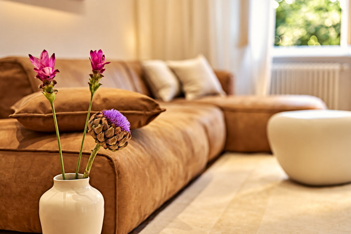 Floral arrangement in a warm and elegant living area atmosphere
