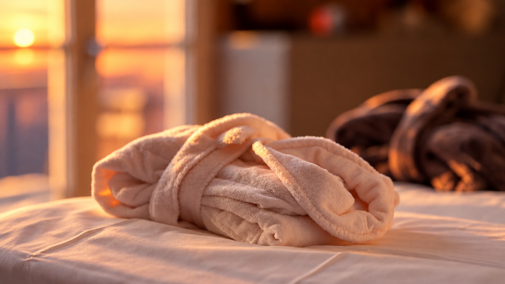 Soft bathrobe on a freshly prepared bed in the Panorama Whirlpool Penthouse Heidelberg, illuminated by warm sunset light