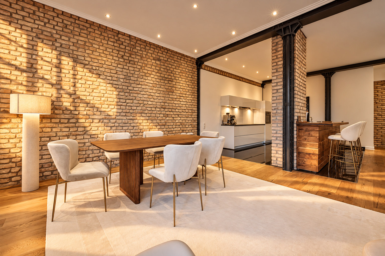 Dining area and private kitchen in the Signature Two-Bedroom Residence Heidelberg with warm evening light