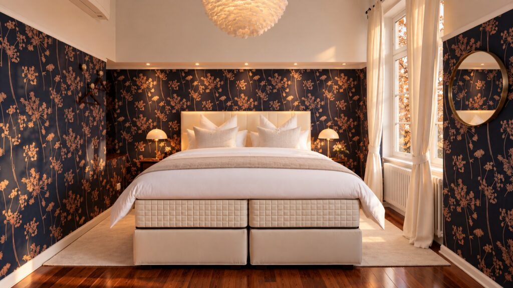 Private king bedroom in the Superior Two-Bedroom Residence Heidelberg with warm autumn light