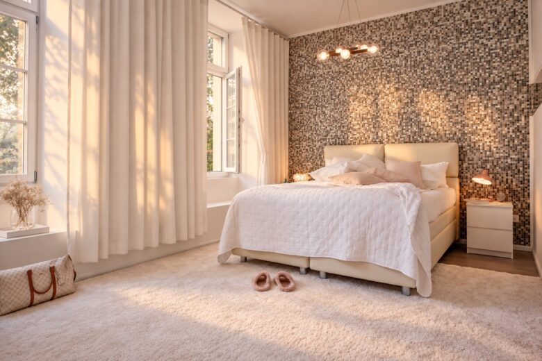 King-size bed in the Business Studio Residence Heidelberg in soft early morning light