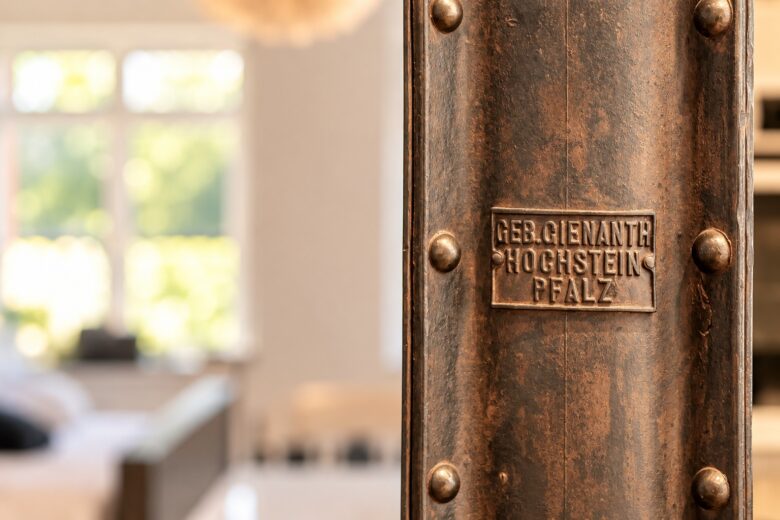Historic Gienanth iron column with original manufacturer plaque in the Executive Loft Residence Heidelberg