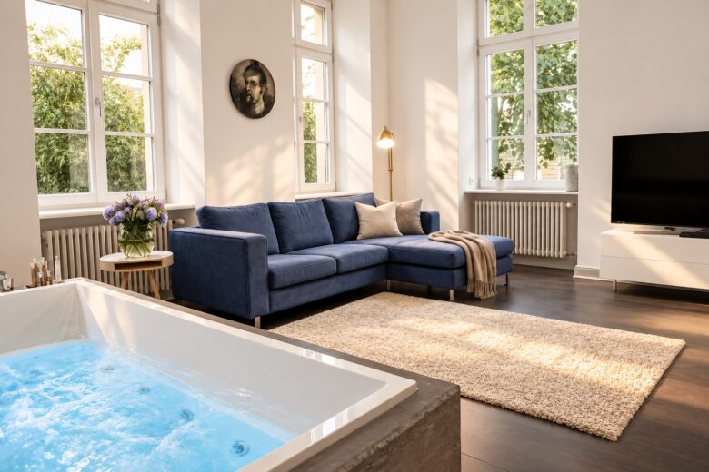 Living room with blue sofa and in-room whirlpool in Heidelberg loft