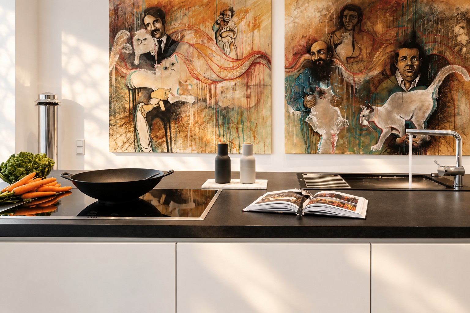 Private kitchen with cooking island and distinctive artwork in the Executive Loft Residence Heidelberg