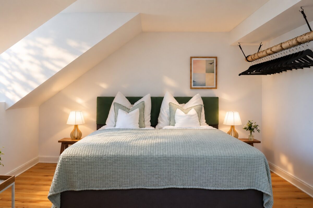 Bedroom of the Executive Studio Residence Heidelberg in soft morning light