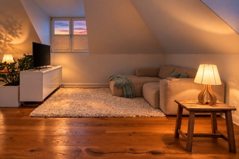 Living area of the Executive Studio Residence Heidelberg in a calm evening atmosphere