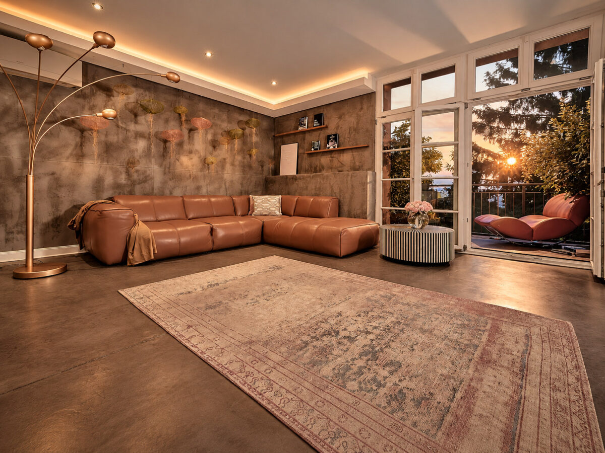 Living area in the Grand Loft Residence Heidelberg with warm golden evening light