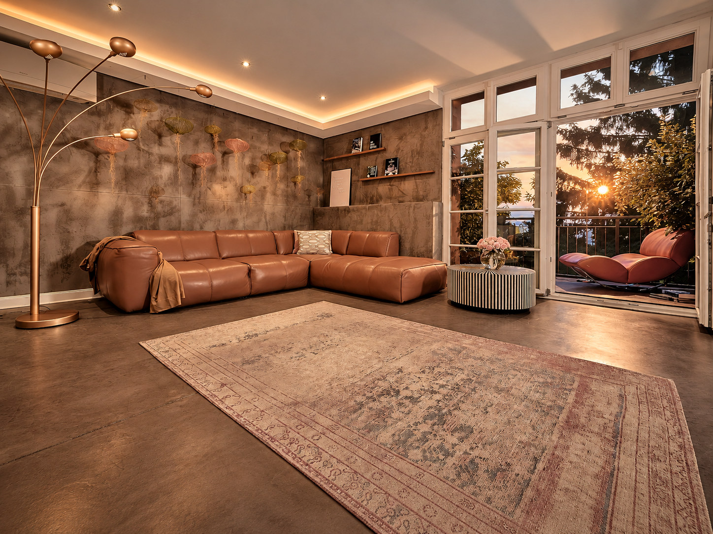 Living area in the Grand Loft Residence Heidelberg with warm golden evening light