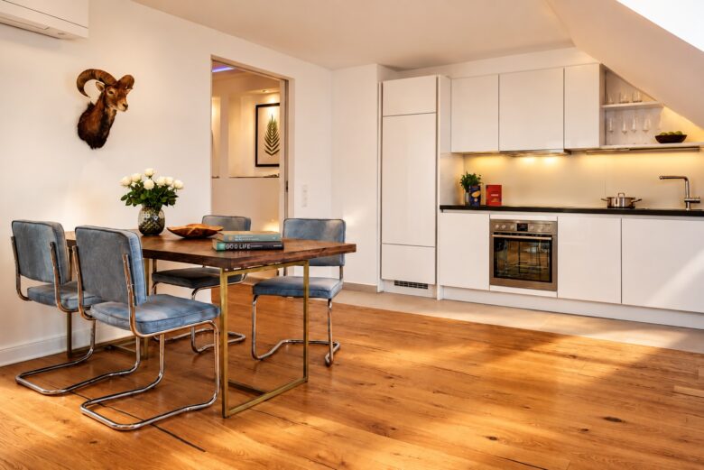 Private kitchen and dining area in the Medical Stay Serviced Apartment Heidelberg