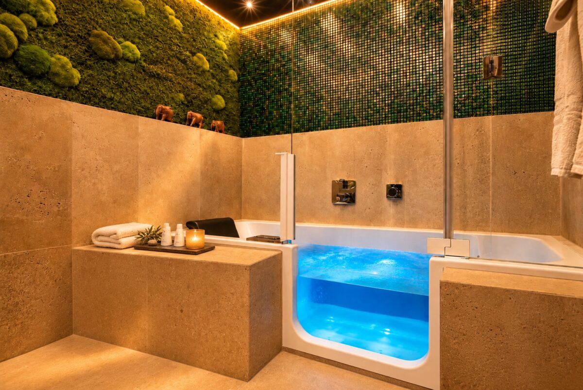 Wellness bathroom with hydrotherapy tub in the Medical Stay Serviced Apartment Heidelberg
