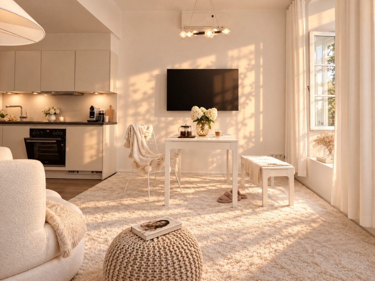 Bright living, dining and kitchen area in the Business Studio Residence Heidelberg with soft morning light