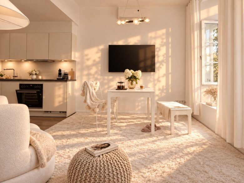 Bright living, dining and kitchen area in the Business Studio Residence Heidelberg with soft morning light