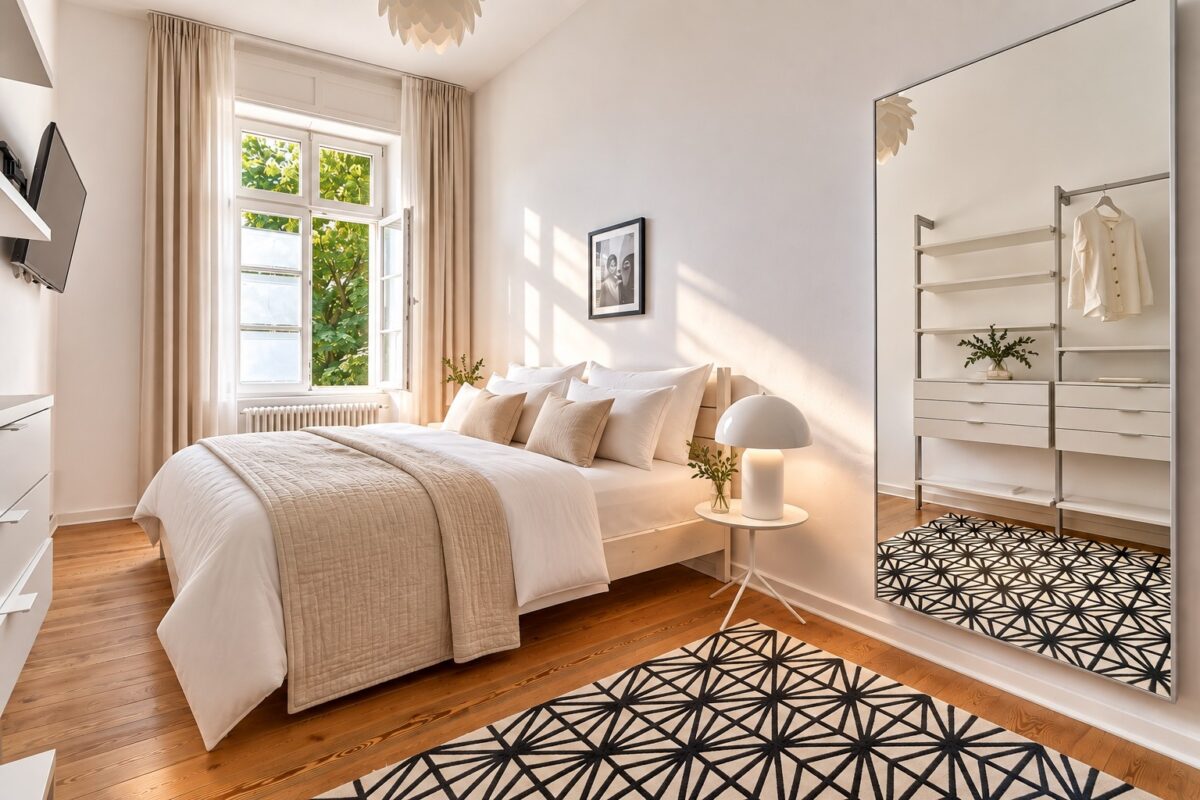 Bright master bedroom with large mirror and modern storage space – ideal for long-term stays in Heidelberg