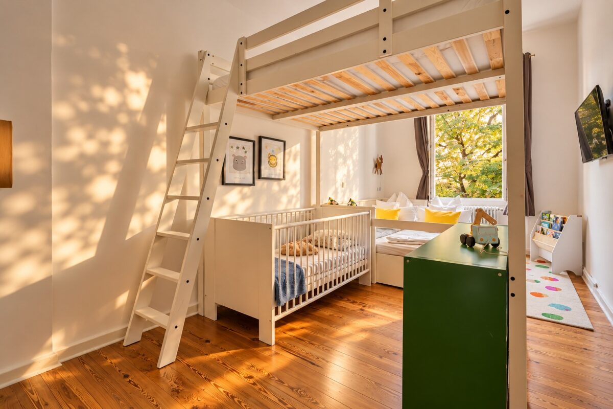 Children's bedroom with loft bed and crib in the Family Apartment Heidelberg
