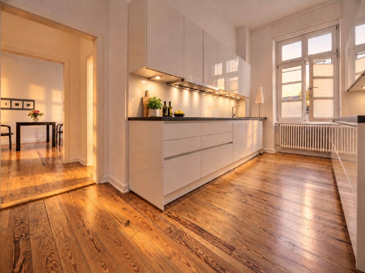 Private kitchen in the Family Apartment Heidelberg in soft late-summer evening light