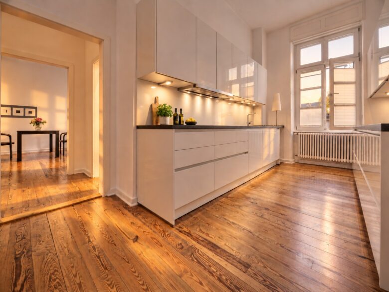 Private kitchen in the Family Apartment Heidelberg in soft late-summer evening light