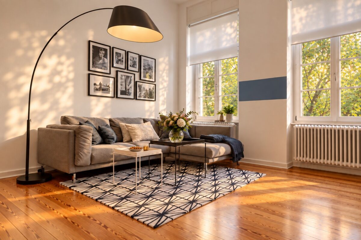 Private living room in the Family Apartment Heidelberg with softly illuminated trees outside