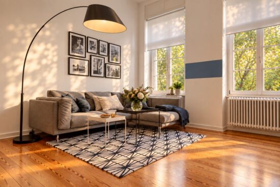 Private living room in the Family Apartment Heidelberg with softly illuminated trees outside
