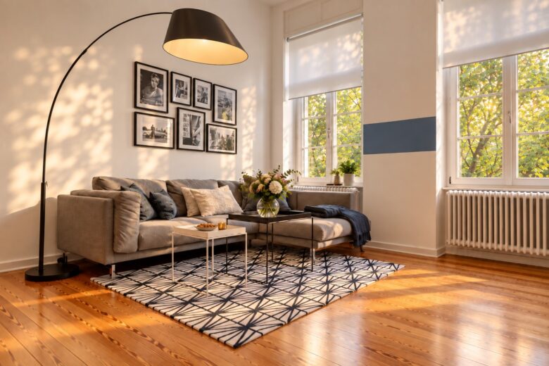 Private living room in the Family Apartment Heidelberg with softly illuminated trees outside