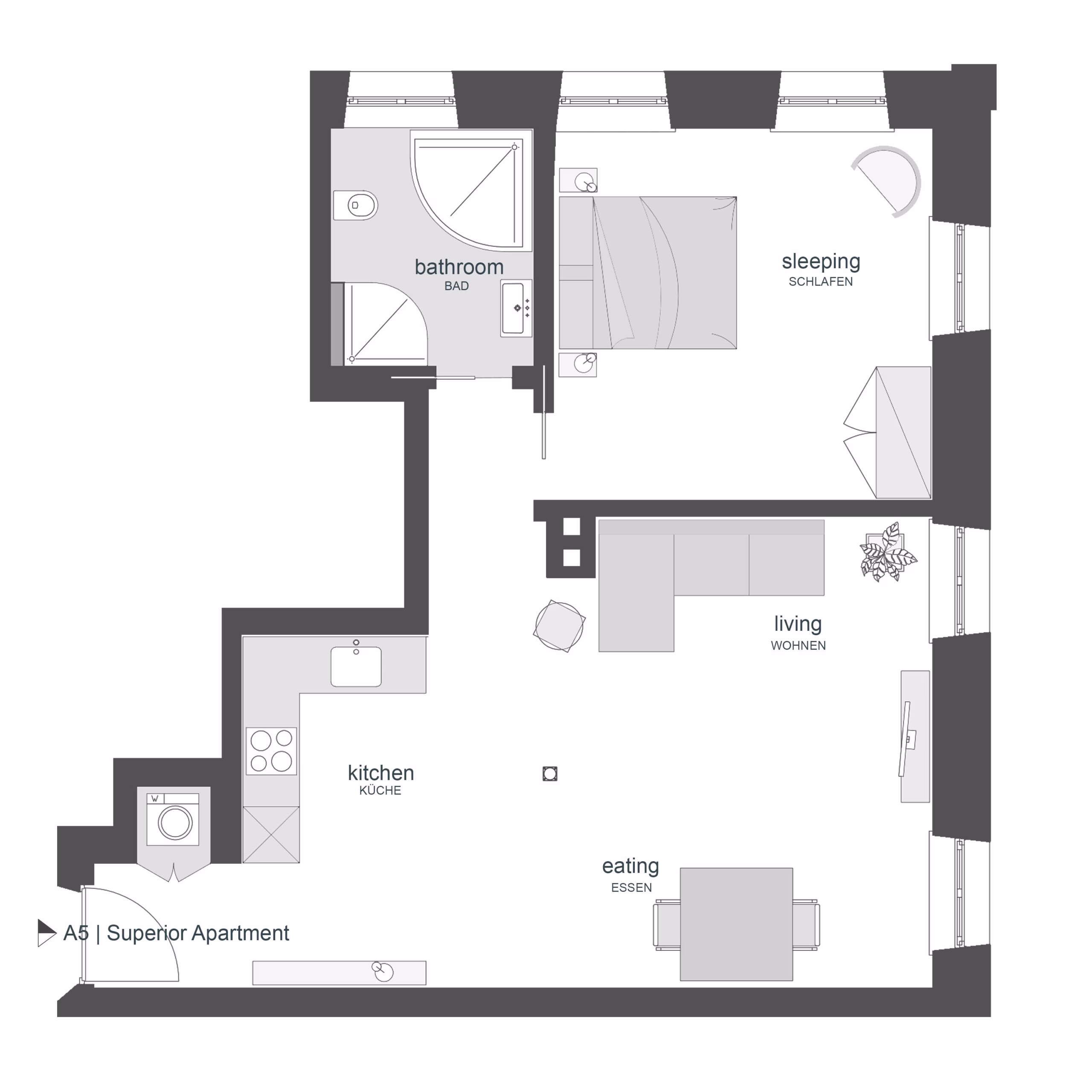 Floor plan of the Superior Apartment in Heidelberg with bedroom, living area, kitchen, dining space, and bathroom.