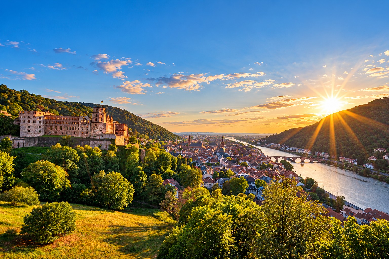 Panoramic view of Heidelberg Castle, the historic Old Town and the Neckar River in warm evening light.