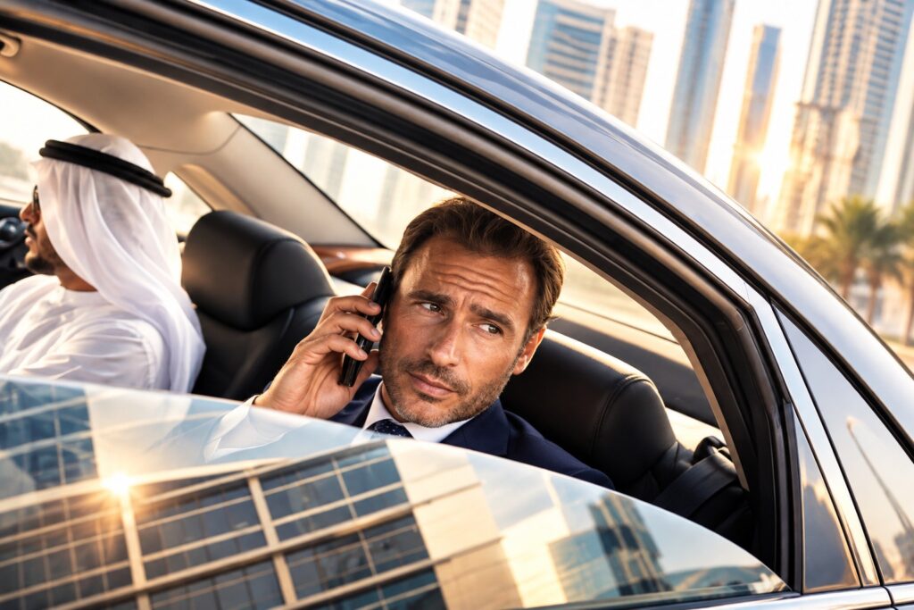 Business traveler using a private chauffeur service arranged by Boutique Suites and Residences Heidelberg
