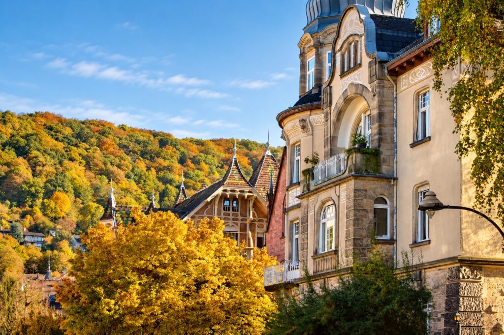 Historic villas and autumn foliage in Heidelberg Weststadt, the neighborhood of Boutique Suites and Residences Heidelberg