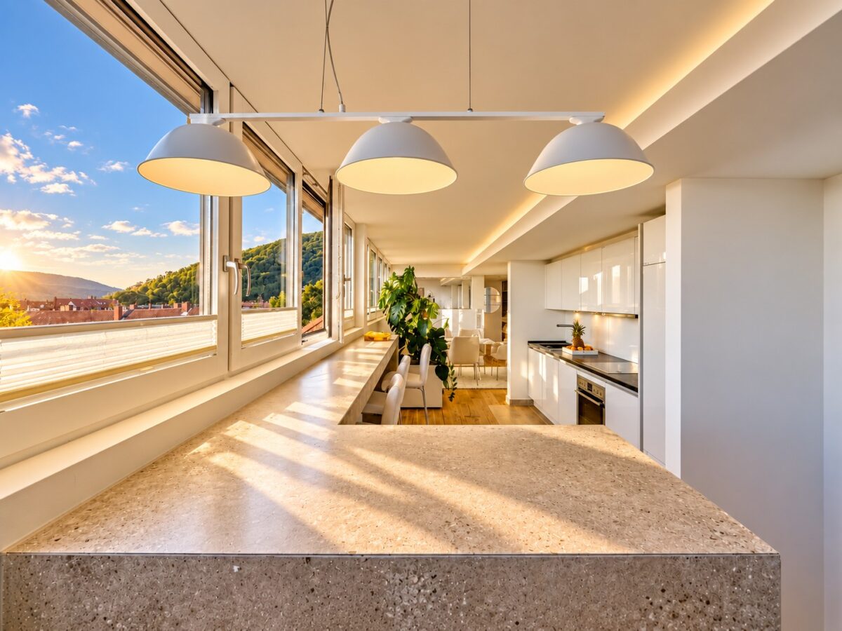 Private kitchen with panoramic Heidelberg views in the One-Bedroom Penthouse Residence Heidelberg