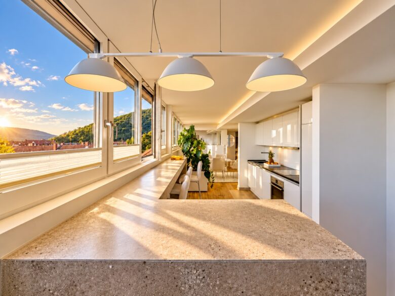 Private kitchen with panoramic Heidelberg views in the One-Bedroom Penthouse Residence Heidelberg