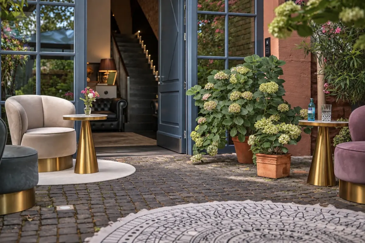 Private hotel entrance with elegant lounge seating and flowers at Boutique Suites and Residences Heidelberg.