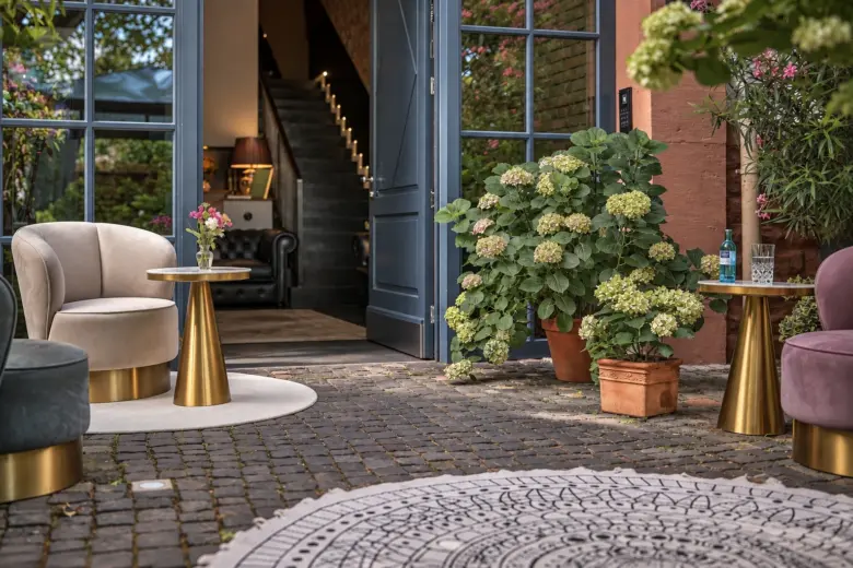 Private hotel entrance with elegant lounge seating and flowers at Boutique Suites and Residences Heidelberg.