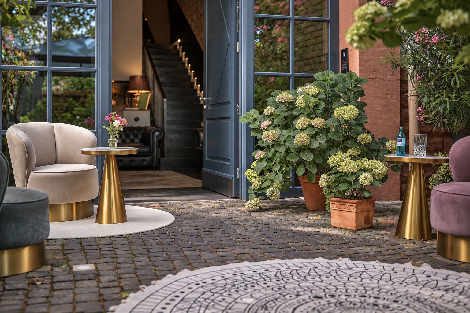 Private hotel entrance with elegant lounge seating and flowers at Boutique Suites and Residences Heidelberg.