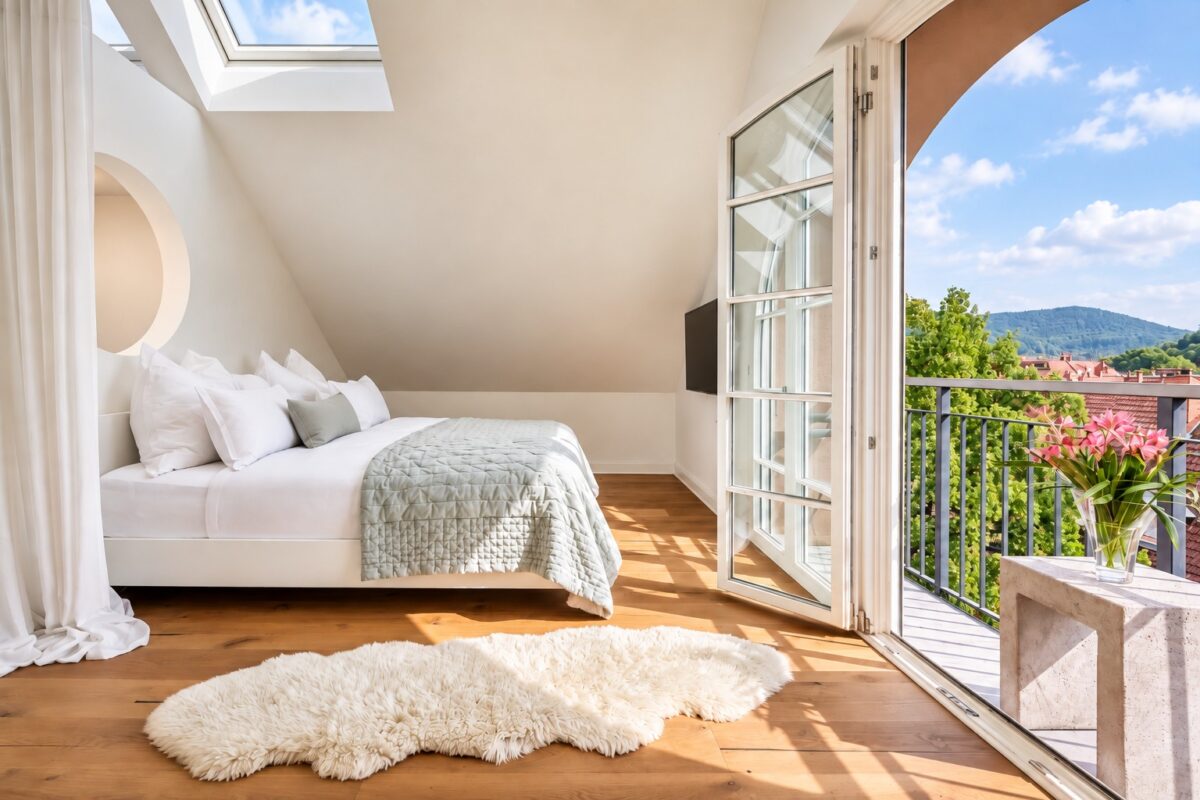 Penthouse Royal master bedroom at Boutique Suites and Residences Heidelberg with king-size bed, balcony, and panoramic city views