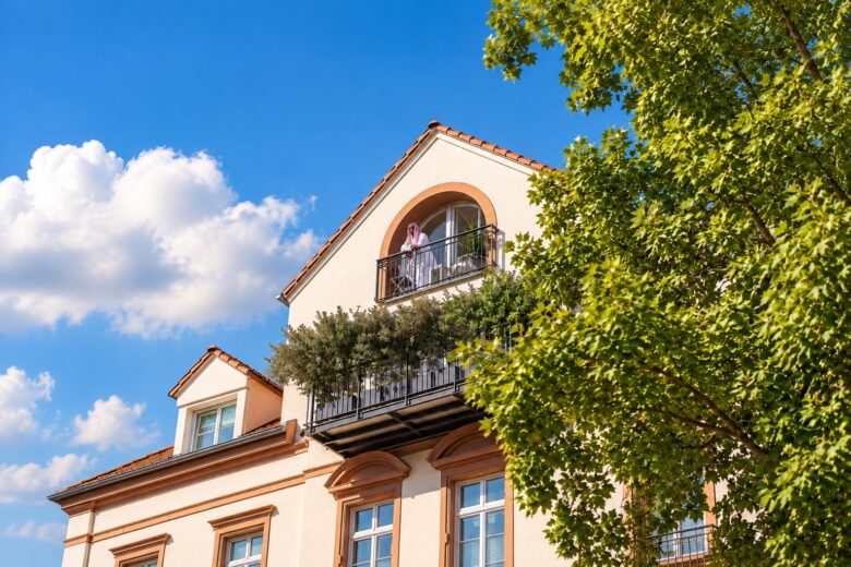 Exterior view of the Royal Three-Bedroom Penthouse Residence Heidelberg with French balcony and leafy surroundings