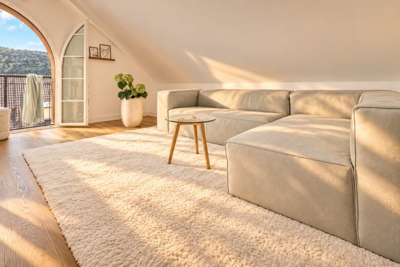 Elegant living room in the Royal Three-Bedroom Penthouse Residence Heidelberg with panoramic view, spacious sofa and balcony