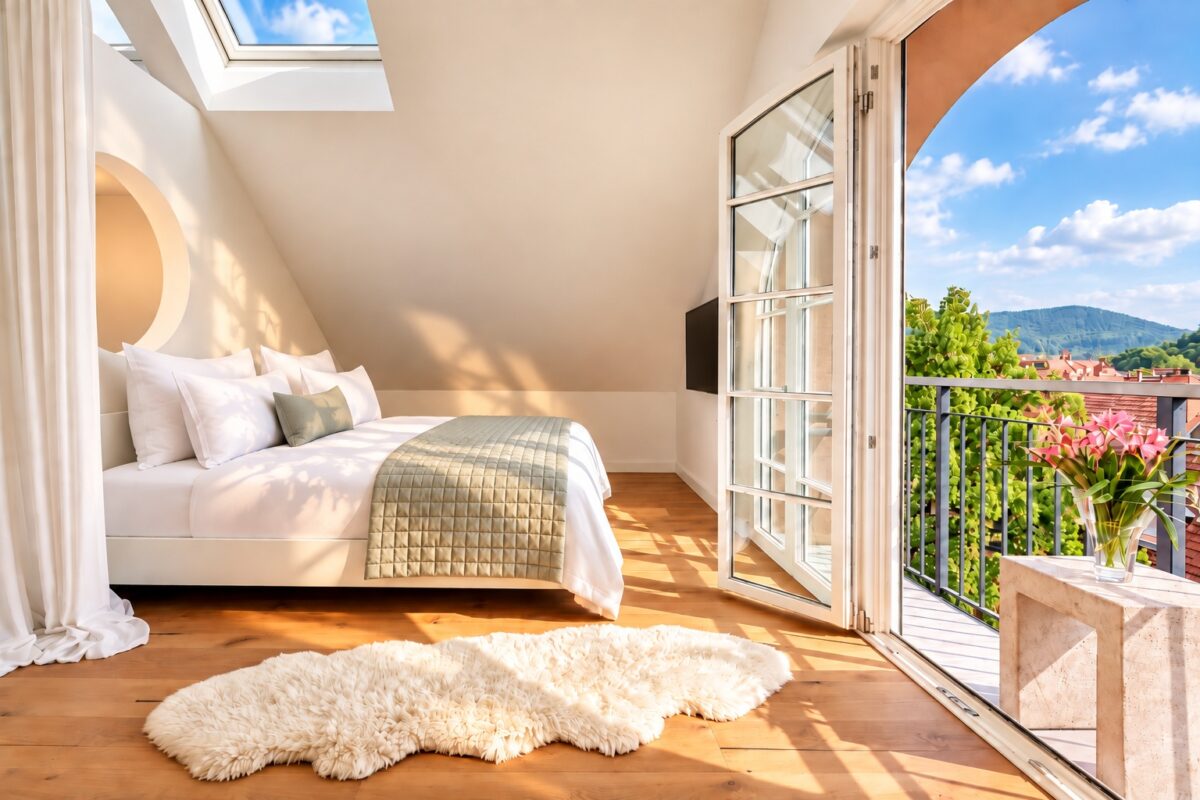 Penthouse Royal master bedroom at Boutique Suites and Residences Heidelberg with king-size bed, balcony, and panoramic city views