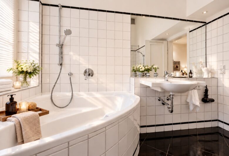 Private bathroom with bathtub in the Deluxe Two-Bedroom Serviced Apartment Heidelberg