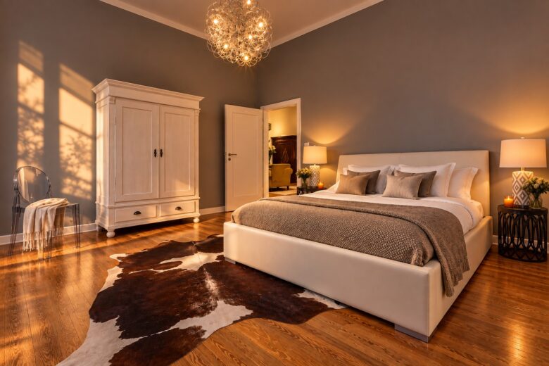 Private bedroom in the Deluxe Two-Bedroom Serviced Apartment Heidelberg in soft late-summer evening light