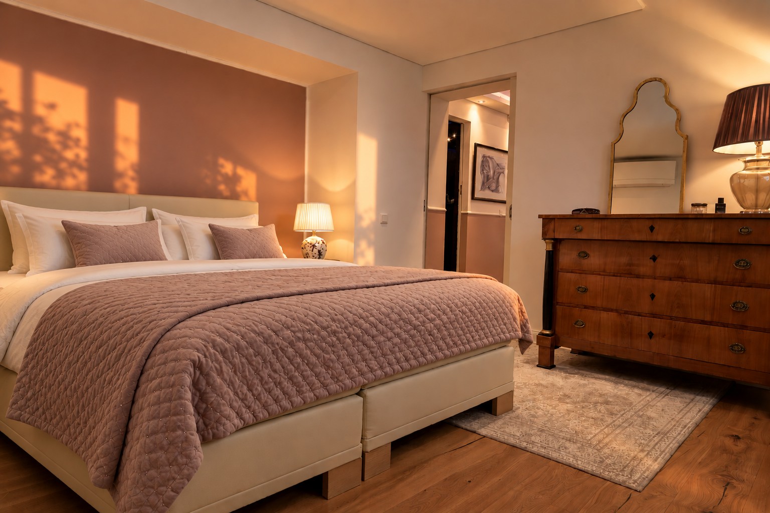 Perfectly prepared bedroom in the One-Bedroom Residential Suite Heidelberg with warm evening light