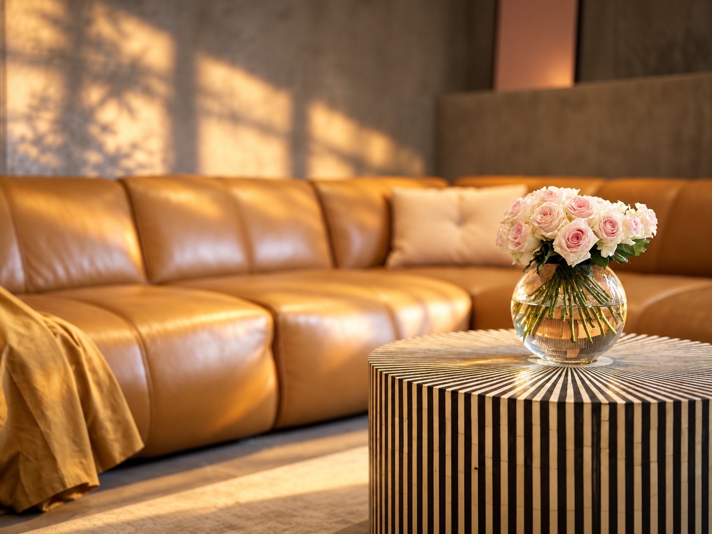 Rose arrangement in the living area of the Grand Loft Residence Heidelberg in golden evening light