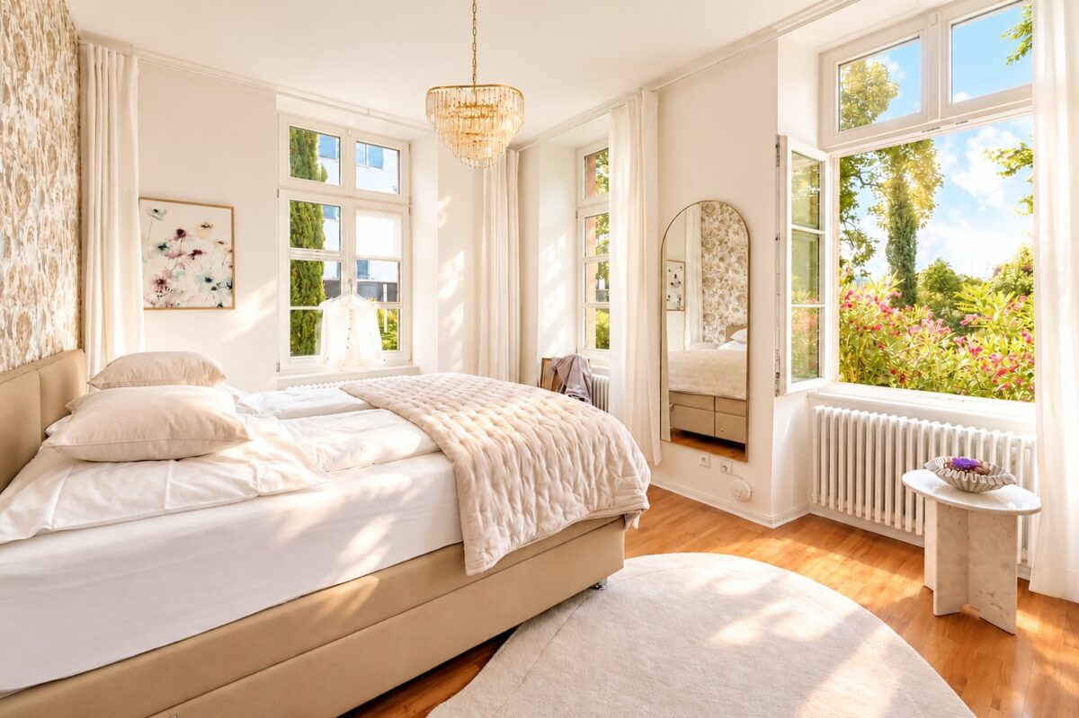 Private bedroom in the Imperial Two-Bedroom Suite Heidelberg with garden view and soft spring morning light